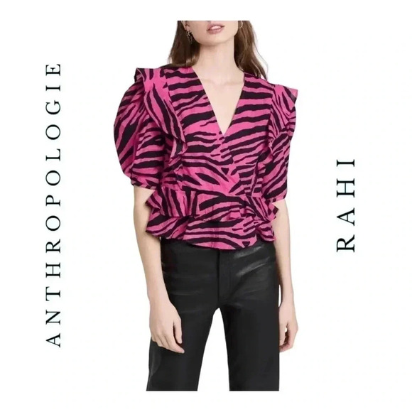 1404. ANTHROPOLOGIE RAHI SHORT PUFFER SLEEVES TOP XSMALL ZEBRA PRINT HOT PINK - Picture 1 of 11